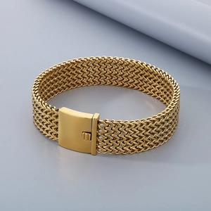 Polished gold woven chain bracelet with smooth square clasp for men and women