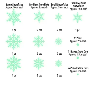 Detailed chart of mint green snowflake window stickers in various sizes and quantities