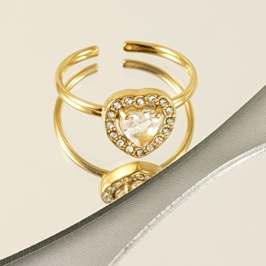 Anello regolabile placcato oro 18k con scintillante zircone a forma di cuore da donna