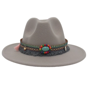 Grey felt cowboy fedora hat with turquoise ethnic beaded band and tassel accents