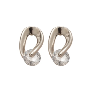 Silver twisted metal hoop earrings with sparkling round zircon stones on white background