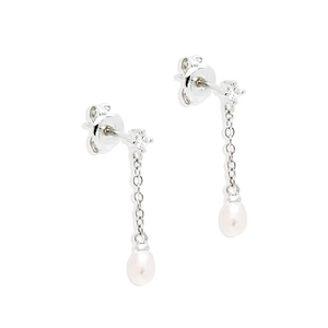 Macro shot of S925 silver tassel earrings featuring sparkling studs and pearl drops
