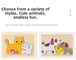 Close-up of wooden animal jigsaw puzzle pieces for children featuring cat and dog themes