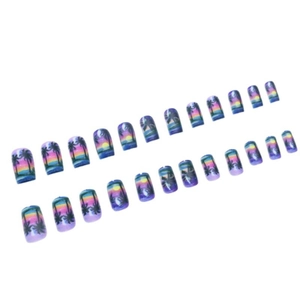 Short square press-on nails featuring tropical sunset coconut tree oil painting gradient