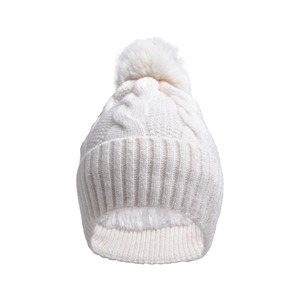 Detail of cable knit beanie with faux fur pompom and soft fleece lining for winter