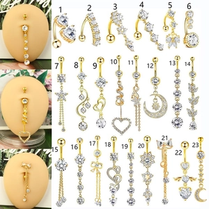 Piercing Ombilic Acier Inoxydable Plaqué Or Zircone Cœur Étoile Lune Pendentif Bijoux De Corps Pour Femmes