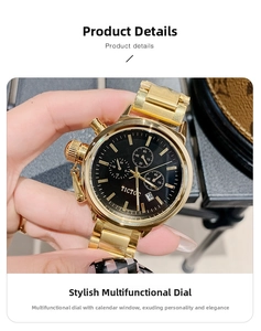 Detail of gold multifunction watch with black dial and luminous sub-dials on metal strap