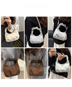 Collage of pleated moon bag in various colors shown from multiple angles and styles