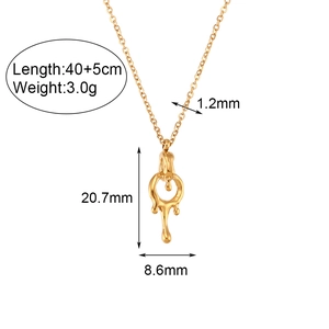 Gold plated stainless steel necklace with irregular melted lava drop pendant on white background