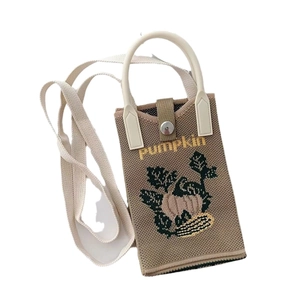 Cute khaki knitted crossbody phone bag with pumpkin embroidery and top handle