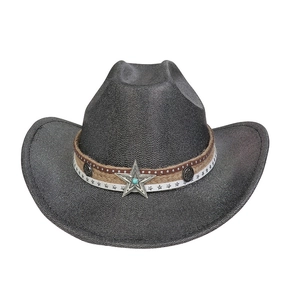 Détail d'un chapeau de cow-boy gris foncé avec bande tressée et étoile argentée et turquoise