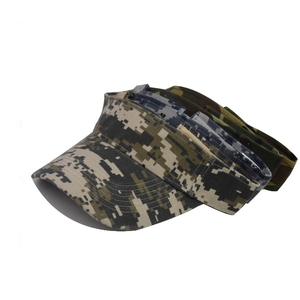 Detailed view of three stackable camouflage visors in different patterns and colors
