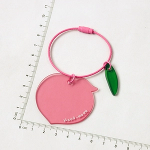 Detailed macro view of a pink acrylic apple keychain with hand-made text and scale reference