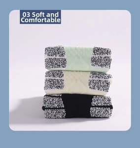 Close-up of three pairs of thick knit athletic socks in light green, yellow, and black