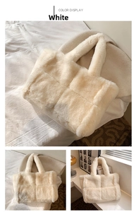 Close-up of white plush tote bag featuring large quilted pattern and soft faux fur texture
