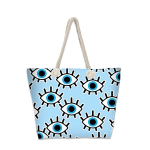 Evil eye beach tote bag with white rope handles and large capacity storage