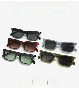 Detailed view of various colorful square frame sunglasses with metal accents on temples