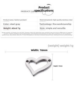 Detailed size chart for 16mm heart-shaped stainless steel pendant with dimensions and weight