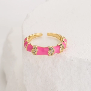 Pink enamel 18K gold-plated wavy open ring with sparkling white zircon accents
