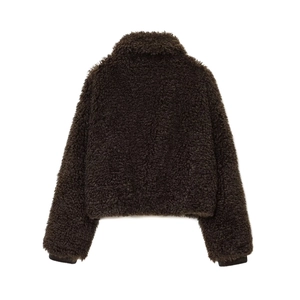 Chocolate brown fleece jacket for women with premium textured wool-like fabric back view