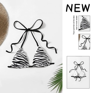 Zebra Print Halter Bikini Top Adjustable Tie Triangle Padded Swimwear For Women Beach