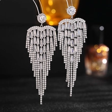 Detailed close-up of luxury long tassel earrings with sparkling cubic zirconia crystals