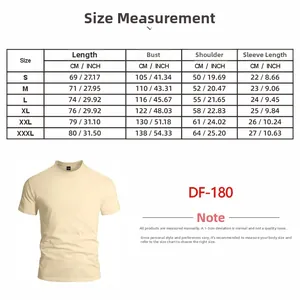 Detailed size chart for men's casual t-shirt showing length, bust, shoulder, and sleeve metrics