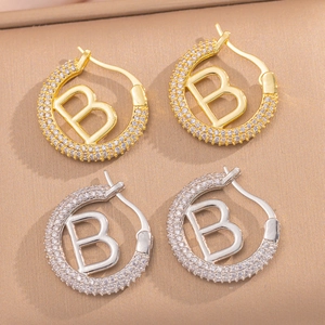 Copper 18K Gold Plated Letter B Hoop Earrings For Women Micro Pave Rhinestone French Style Elegant Round Ear Buckle