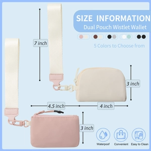 Dual pouch wristlet wallet in beige and pink nylon fabric with waterproof design