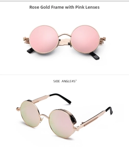Steampunk round sunglasses with rose gold frame and pink reflective lenses detail