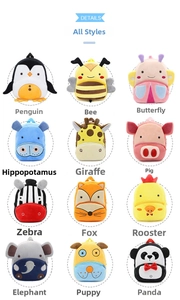 Collection of 12 cute plush animal backpacks for toddlers featuring various colorful designs