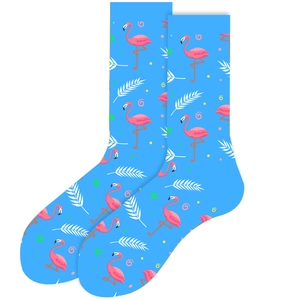 Detail of light blue crew socks with pink flamingo and tropical palm leaf patterns