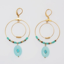 Detailed view of bohemian gold earrings with blue stones and turquoise beaded accents