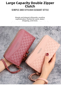 Detail showing dual zipper long wallet with floral embossed PU leather and wristlet strap