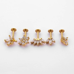 Five-piece set of 16G gold stainless steel cartilage studs with zircon geometric designs