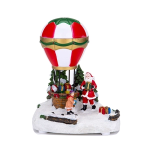 LED lighted musical Christmas hot air balloon ornament with Santa Claus and snow base