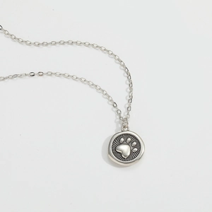 Close-up of silver chain necklace featuring a round pendant with an engraved paw print design