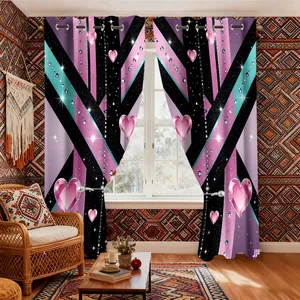 Detail of velvet grommet curtains with bold pink hearts and colorful geometric stripes