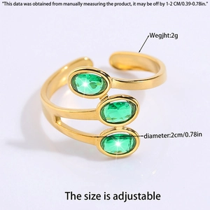 Detailed view of adjustable gold ring with green gemstones and precise size dimensions