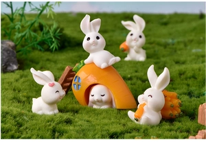 Mini resin rabbit figurines with carrot house for micro landscape garden decoration detail.