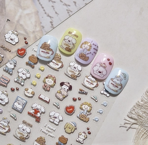 Detail of 3D embossed dog stickers with cute cartoon characters for nail decoration