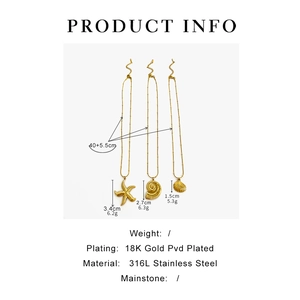 Detail of 18K gold plated starfish, conch, and scallop ocean pendants on stainless steel chains