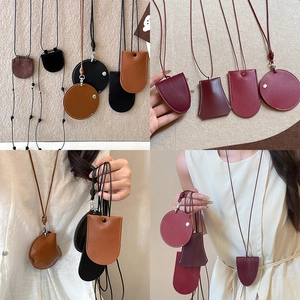 Vintage Geometric Pendant Necklace For Women PU Leather Copper Wood Minimalist Sweater Chain Adjustable Rope