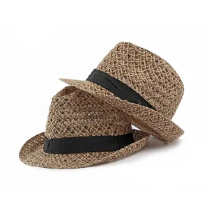 Breathable brown straw fedora hat with black ribbon band for summer beach protection