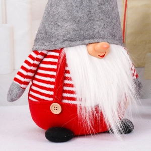 Nordic Christmas gnome with striped body and gray felt hat for holiday decoration