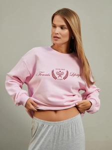 Felpa Da Donna Misto Cotone Girocollo Manica Lunga Stampa Tennis Vestibilità Ampia Pullover Rosa Street Style