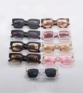 Detailed grid display of square sunglasses in nine diverse colors with gold V-hinge details