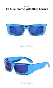 Front and side views of stylish blue frame punk sunglasses with reflective blue lenses