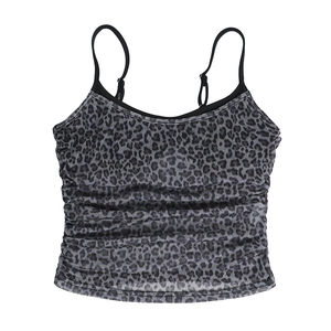 Close-up of ruched side detail on leopard print mesh camisole top for women
