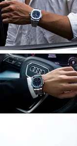 Close-up of luxury men's square quartz watch with blue dial and steel strap in car setting